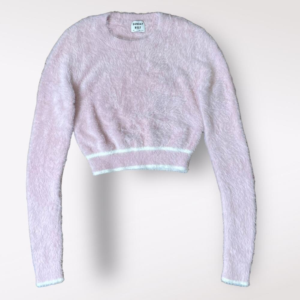 Aritzia Sunday‎ Best Taro Sweater in Pink Cropped Fuzzy Size XXS